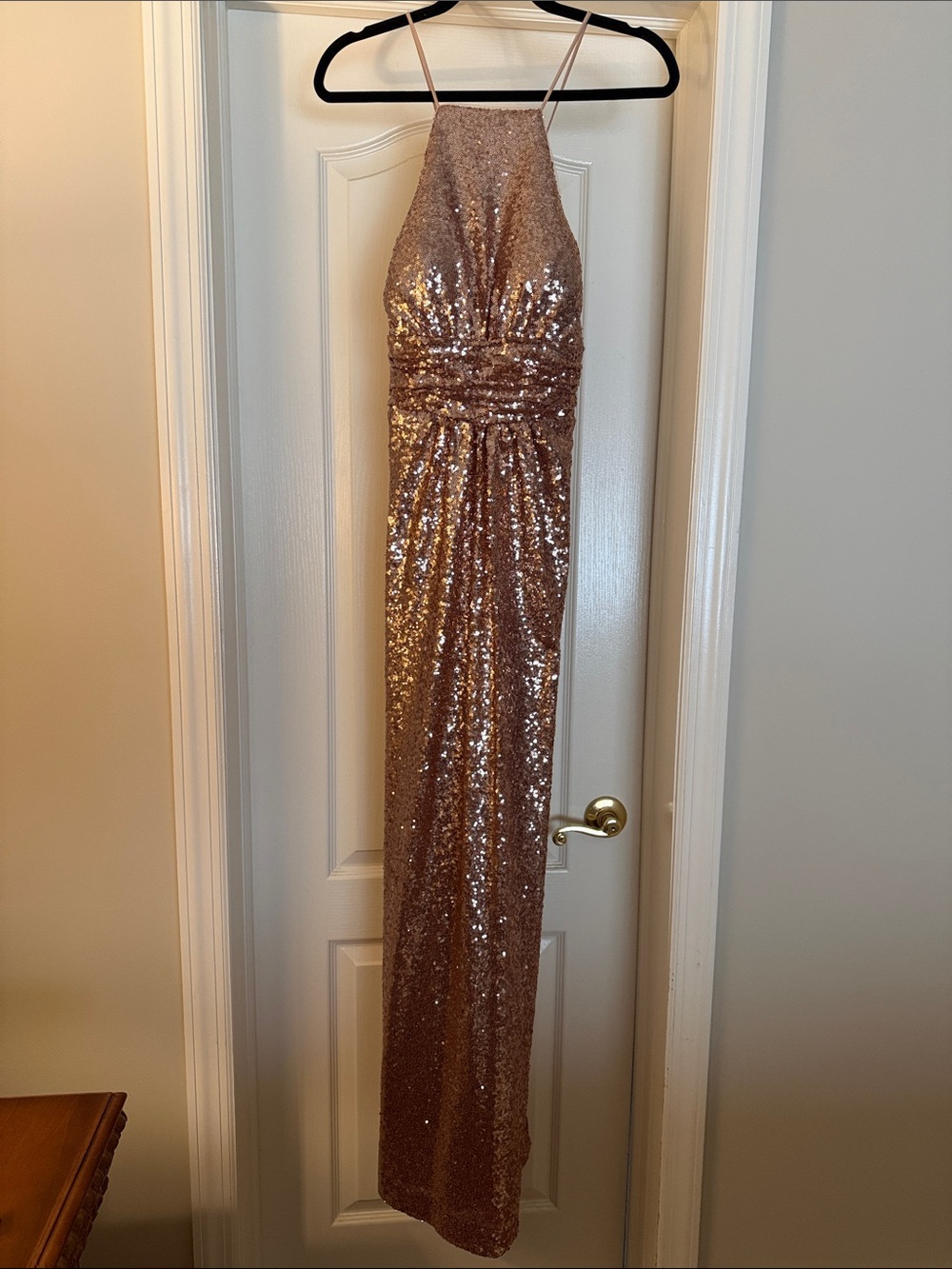Sequin Halter Evening Gown in Rose Gold